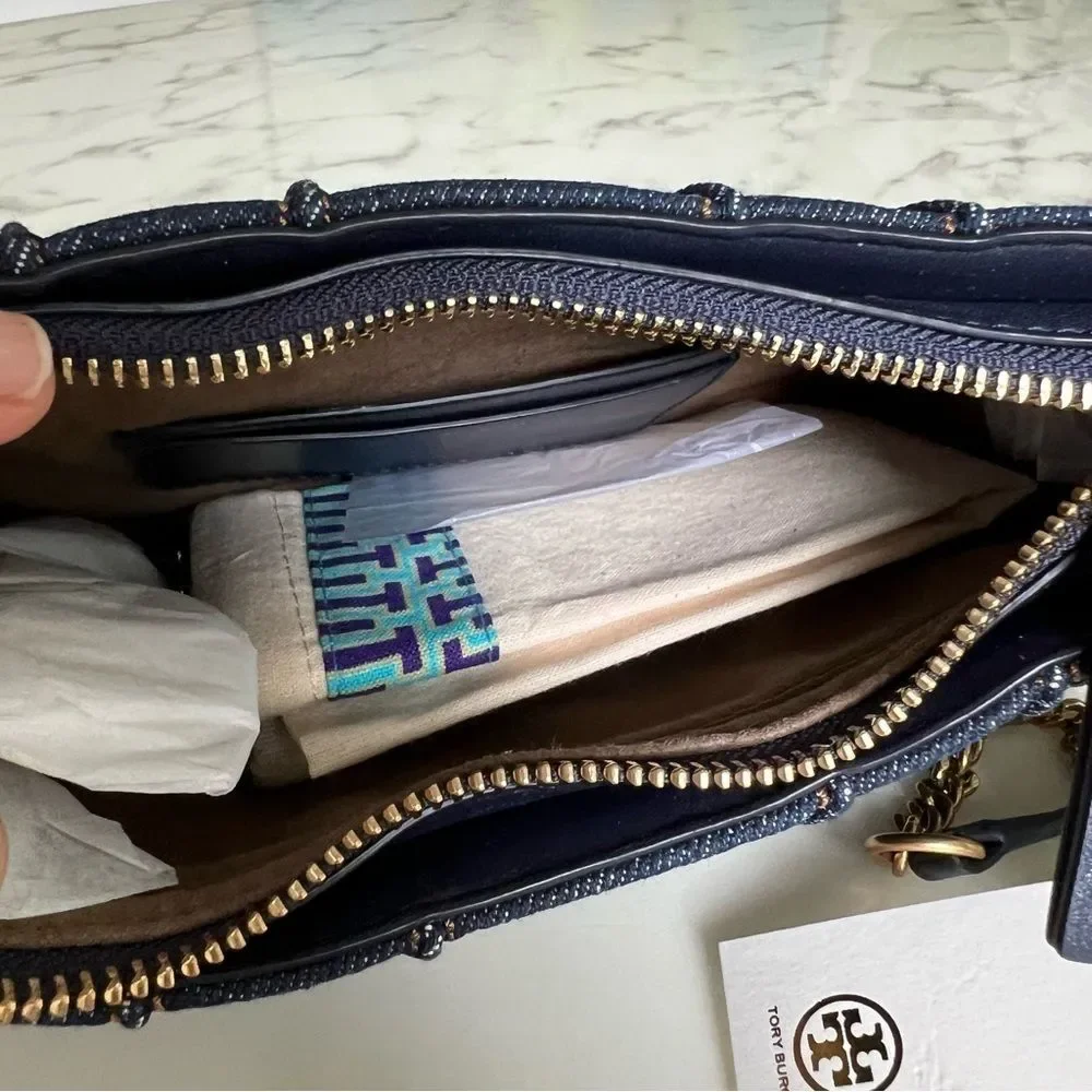 NWT Tory Burch Kira Denim Mini Quilted Crossbody Shoulder Bag Gold Navy Blue